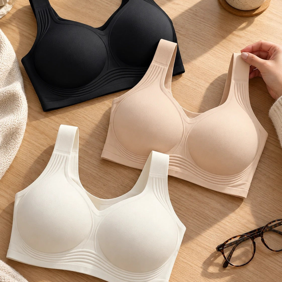 Tres brasieres Lanomiz: Nude, Negro y Blanco crema sobre la mesa